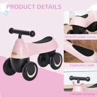 Qaba Baby Balance Bike for 18-36 Months, Toddler No Pedal Ride-on Walking Bike with 4 Wheels Gifts for Boys Girls, Pink(m-6)