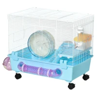 PawHut Hamster Cage, Gerbil Haven, Multi-storey Rodent House, Small Animal Habitats, Large Hide-out, w/ Water Bottle, Tubes, Exercise Wheel, Food Dish, Ramp, Shower Room, Light Blue(m-11)