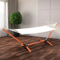 Outsunny 130" x 47" Hammock with Stand, Outdoor Hammock Camping Bed, Freestanding Lounge Chair with Wooden Frame Cotton Fabric for Outdoor Indoor, White, Teak(m-6)