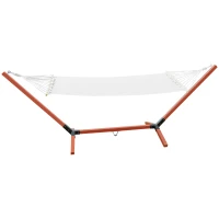 Outsunny 130" x 47" Hammock with Stand, Outdoor Hammock Camping Bed, Freestanding Lounge Chair with Wooden Frame Cotton Fabric for Outdoor Indoor, White, Teak(m-2)