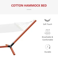 Outsunny 130" x 47" Hammock with Stand, Outdoor Hammock Camping Bed, Freestanding Lounge Chair with Wooden Frame Cotton Fabric for Outdoor Indoor, White, Teak(m-4)