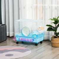 PawHut Hamster Cage, Gerbil Haven, Multi-storey Rodent House, Small Animal Habitats, Large Hide-out, w/ Water Bottle, Tubes, Exercise Wheel, Food Dish, Ramp, Shower Room, Light Blue(m-1)