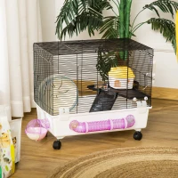 PawHut Hamster Cage, Gerbil Haven, Multi-storey Rodent House, Small Animal Habitats, Large Hide-out, w/ Water Bottle, Tubes, Excise Wheel, Food Dish, Ramp, Shower Room, White(m-11)