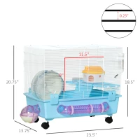 PawHut Hamster Cage, Gerbil Haven, Multi-storey Rodent House, Small Animal Habitats, Large Hide-out, w/ Water Bottle, Tubes, Exercise Wheel, Food Dish, Ramp, Shower Room, Light Blue(m-3)