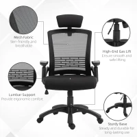 Vinsetto Office Chair Comfortable Mesh Task High Back Adjustable 360° Rotating Seat with Headrest and Armrest Black(m-8)