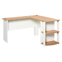 HOMCOM L-Shaped Corner Computer Desk Wood PC Workstation Laptop Table with 2 Storage Shelves Space Saving Home Office Walnut Brown(m-2)