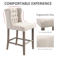HOMCOM Counter Height Bar Stools Set of 2, Upholstered Bar Chairs with Nailhead Backrest and Footrest, Modern Barstools for Kitchen, Dining Room, Beige(m-4)