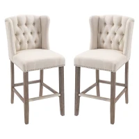 HOMCOM Counter Height Bar Stools Set of 2, Upholstered Bar Chairs with Nailhead Backrest and Footrest, Modern Barstools for Kitchen, Dining Room, Beige(m-2)