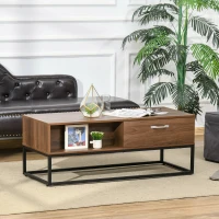 HOMCOM Industrial Coffee Table with Storage Shelves, Drawers, Rectangular Accent Cocktail Table for Living Room, Brown(m-1)