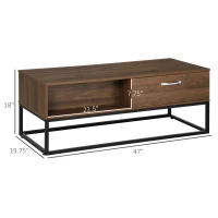 HOMCOM Industrial Coffee Table with Storage Shelves, Drawers, Rectangular Accent Cocktail Table for Living Room, Brown(m-3)