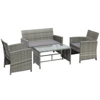 Outsunny 4pcs Wicker Outdoor Patio Furniture Set with Sofa and 2 Chairs, Rattan Conversation Sets with Soft Cushions, 1 Tempered Glass Table-Top Center Coffee Table for Backyard, Garden, Light Grey(m-1)