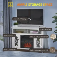 HOMCOM Electric Fireplace TV Stand for 50", Media Console Center Cabinet with 2 Shelves and 2 Cabinets with Adjustable Shelves for Corner, Distressed White(m-5)