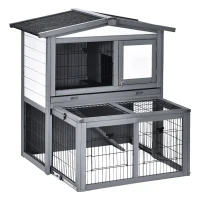 PawHut Wooden 2 Story Rabbit Hutch Bunny Cage with Slide-Out Run, Openable Roof, Lockable Doors, Ramp and No Leak Tray for Outdoor, Grey, and White(m-1)
