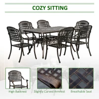 Outsunny 7-Piece Patio Dining Set, Cast Aluminum Outdoor Furniture Set with 6 Armchairs, 1 Table and Umbrella Hole, Bronze(m-6)