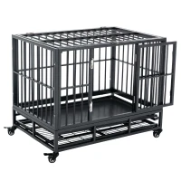 PawHut 36" Heavy Duty Dog Crate Metal Cage Kennel with Lockable Wheels, Double Door and Removable Tray, Grey(m-1)