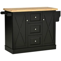 HOMCOM Farmhouse Mobile Kitchen Island Utility Cart on Wheels with Barn Door Style Cabinets, Drawers - Black(m-1)