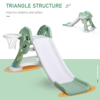 Qaba kids Slide for Indoor and Outdoor, Toddler Freestanding Slide Climber Toy for 18-48 Months Basketball Hoop, Ball and Inflator, Green(m-7)