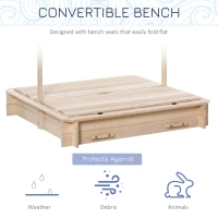 Outsunny Covered Sandbox, Wooden，with Cover Adjustable Canopy, Detachable Seats and Backrests, Kids Sandbox with Convertible Bench Seat, Bottom Liner, Natural Blue(m-5)