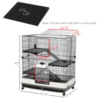 PawHut 43" Small Animal Cage with Wheels, 4-Level Portable Bunny Cage, Chinchilla Ferret Cage with Removable Tray, Platform and Ramp(m-3)