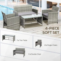Outsunny 4pcs Wicker Outdoor Patio Furniture Set with Sofa and 2 Chairs, Rattan Conversation Sets with Soft Cushions, 1 Tempered Glass Table-Top Center Coffee Table for Backyard, Garden, Light Grey(m-7)