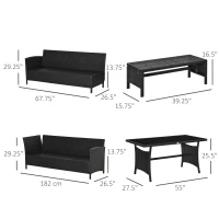 Outsunny 4 Pieces Patio Wicker Dining Sets, Outdoor PE Rattan Sectional Conversation Set with Cushions & Dining Table, Bench for Garden, Backyard, Lawn, Navy Blue(m-3)