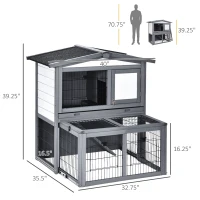 PawHut Wooden 2 Story Rabbit Hutch Bunny Cage with Slide-Out Run, Openable Roof, Lockable Doors, Ramp and No Leak Tray for Outdoor, Grey, and White(m-3)