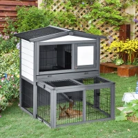 PawHut Wooden 2 Story Rabbit Hutch Bunny Cage with Slide-Out Run, Openable Roof, Lockable Doors, Ramp and No Leak Tray for Outdoor, Grey, and White(m-2)