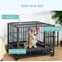 PawHut 36" Heavy Duty Dog Crate Metal Cage Kennel with Lockable Wheels, Double Door and Removable Tray, Grey(m-5)