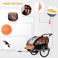 Aosom 2-Seat Kids Bicycle Trailer 55lbs Steel w/ Water Resistant Carrier Windows - Black and Orange(m-6)