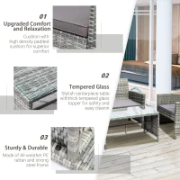 Outsunny 4pcs Wicker Outdoor Patio Furniture Set with Sofa and 2 Chairs, Rattan Conversation Sets with Soft Cushions, 1 Tempered Glass Table-Top Center Coffee Table for Backyard, Garden, Light Grey(m-5)