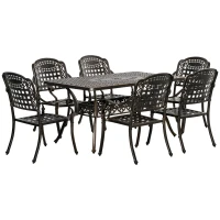 Outsunny 7-Piece Patio Dining Set, Cast Aluminum Outdoor Furniture Set with 6 Armchairs, 1 Table and Umbrella Hole, Bronze(m-1)