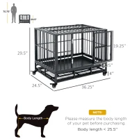 PawHut 36" Heavy Duty Dog Crate Metal Cage Kennel with Lockable Wheels, Double Door and Removable Tray, Grey(m-3)