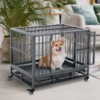 PawHut 36" Heavy Duty Dog Crate Metal Cage Kennel with Lockable Wheels, Double Door and Removable Tray, Grey(m-2)