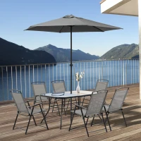 Outsunny 8 Piece Patio Dining Set with Table Umbrella, 6 Folding Chairs and Rectangle Dining Table, Outdoor Patio Furniture Set, Grey(m-1)
