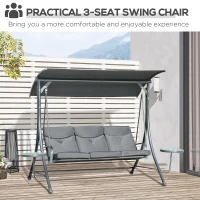 Outsunny 3 Seat Outdoor Swing Chair Steel Swing Bench Porch Swing With Adjustable Canopy & Coffee Tables & Cushion for Patio Garden, Black(m-6)