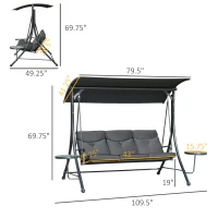 Outsunny 3 Seat Outdoor Swing Chair Steel Swing Bench Porch Swing With Adjustable Canopy & Coffee Tables & Cushion for Patio Garden, Black(m-3)