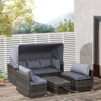 Outsunny 4-Piece Outdoor Rattan Wicker Sofa Set Patio Furniture Sets with Retractable Sun Canopy, Deep Soft Cushions & Classic Design, Grey(m-1)