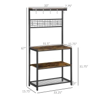HOMCOM Industrial 4-Tier Baker's Rack with Storage Shelves, Microwave Stand with Wire Grid and Hanging Hooks, Kitchen Storage Organizer with Adjustable Feet, Rustic Brown(m-3)