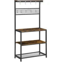 HOMCOM Industrial 4-Tier Baker's Rack with Storage Shelves, Microwave Stand with Wire Grid and Hanging Hooks, Kitchen Storage Organizer with Adjustable Feet, Rustic Brown(m-2)