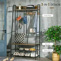 HOMCOM 3-in-1 Hall Tree, Coat Rack Shoe Bench, Coat Hanger with Wire Grid, Hanging Hooks, Mesh Storage Shelves for Hallway, Entryway, Rustic Brown(m-4)