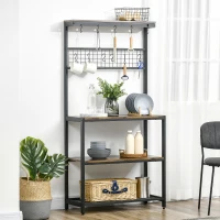 HOMCOM Industrial 4-Tier Baker's Rack with Storage Shelves, Microwave Stand with Wire Grid and Hanging Hooks, Kitchen Storage Organizer with Adjustable Feet, Rustic Brown(m-4)