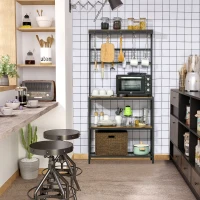 HOMCOM Industrial 4-Tier Baker's Rack with Storage Shelves, Microwave Stand with Wire Grid and Hanging Hooks, Kitchen Storage Organizer with Adjustable Feet, Rustic Brown(m-1)