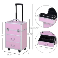 HOMCOM Professional Makeup Case, Makeup Box, Salon Beauty Cosmetic Jewellery Organizer Trolley with 2 Wheels, Pink(m-3)
