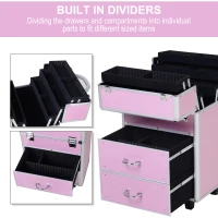 HOMCOM Professional Makeup Case, Makeup Box, Salon Beauty Cosmetic Jewellery Organizer Trolley with 2 Wheels, Pink(m-6)