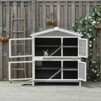 PawHut 47" 2-Floor Large Rabbit Hutch Wooden Pet House Multi-door Bunny Cage Small Animal Habitat with 3 Ramps Lockable Doors Run Area Asphalt Roof for Outdoor Use(m-9)