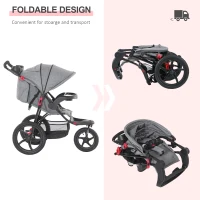 Qaba Baby Stroller Foldable Carriage for Toddler with Adjustable Backrest and Canopy Suspension System Rubber Tire 5-Point Harness Cup Holder Storage Basket Grey(m-5)