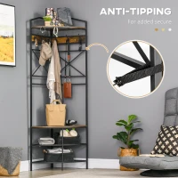 HOMCOM Industrial Corner Hall Tree with Shoe Bench, Entryway Coat Rack, Freestanding Coat Tree with 6 Double Hooks, Rustic Brown(m-6)