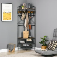 HOMCOM Industrial Corner Hall Tree with Shoe Bench, Entryway Coat Rack, Freestanding Coat Tree with 6 Double Hooks, Rustic Brown(m-8)
