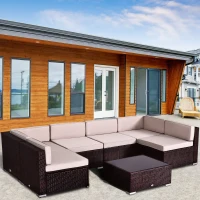 Outsunny 7 Pieces Patio Furniture Set, Outdoor Garden Sofa Set Sectional Set All Weather Rattan Conversation Set, Brown Khaki(m-1)