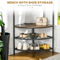 HOMCOM Industrial Corner Hall Tree with Shoe Bench, Entryway Coat Rack, Freestanding Coat Tree with 6 Double Hooks, Rustic Brown(m-4)
